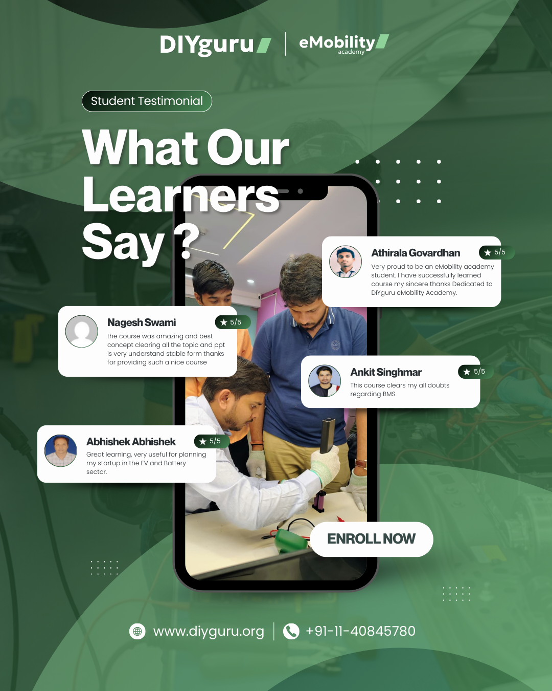 DIYguru Testimonials infographic displaying 5-star student reviews for eMobility and BMS courses surrounding a phone screen.